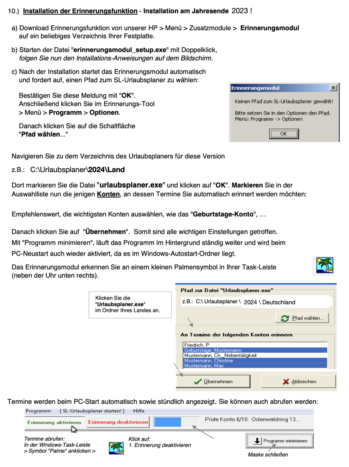 Erinnerungsfunktion im SL-Urlaubsplaner – Einstellungen