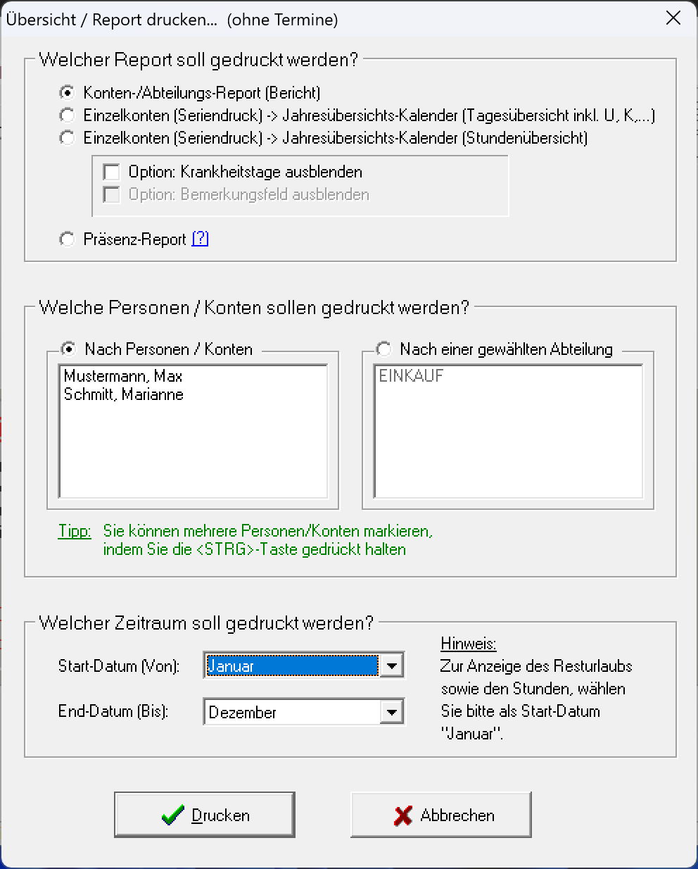Dialog zum Drucken von Übersichts- und Abteilungsreport im SL-Urlaubsplaner