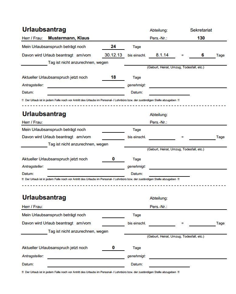 Ausgefüllter Urlaubsantrag in der Druckvorschau